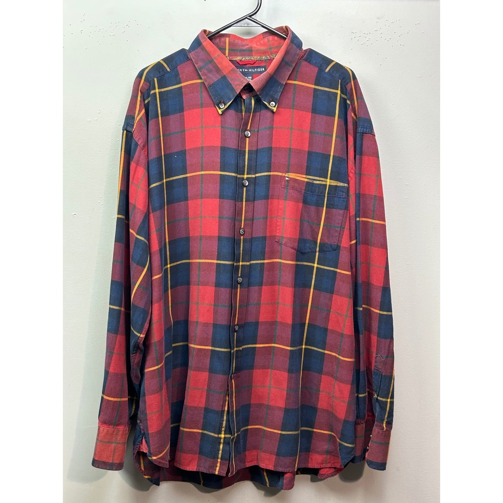 Tommy Hilfiger XXL/XXG Red Blue Plaid Button Up Long Sleeve Shirt Mens
